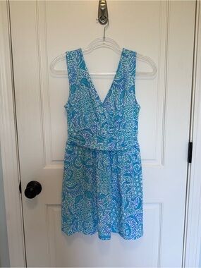 Lilly Pulitzer Blue and White Floral V-Neck Clara Romper Dress Goombay Grooves